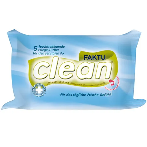 shopapotheke FAKTUclean feuchtreinigende Pflegetücher für sensible Haut im Analbereich pH-hautneutral parfümfrei und ohne Alkohol oder Farbstoffe. 5 Stk