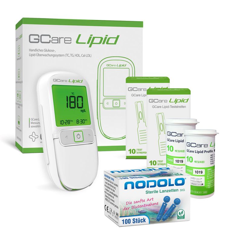 shopapotheke Gcare LIPID Gesamtcholesterin Messsystem mit Teststeifen und Lanzetten und Etui