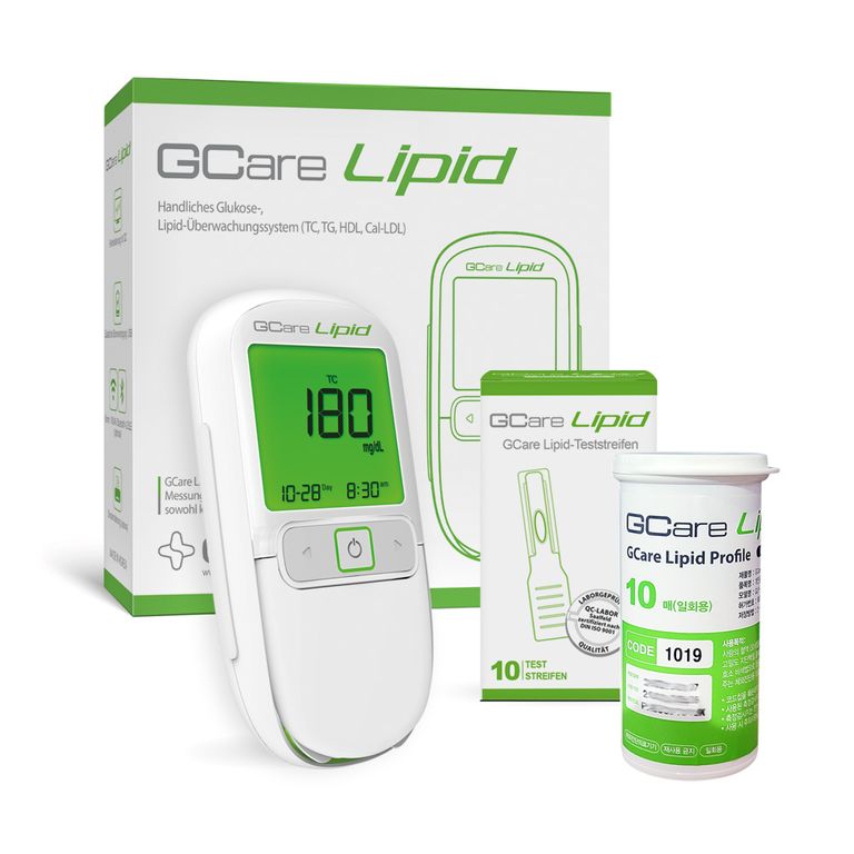 shopapotheke Gcare LIPID Gesamtcholesterin Messsystem mit Teststeifen und Lanzetten und Etui