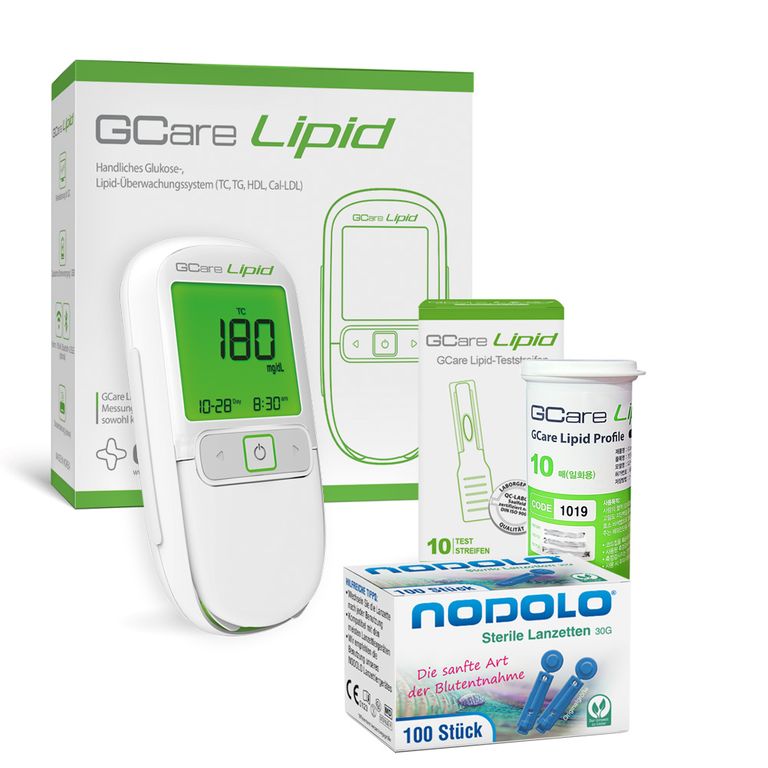 shopapotheke Gcare LIPID Gesamtcholesterin Messsystem mit Teststeifen und Lanzetten und Etui