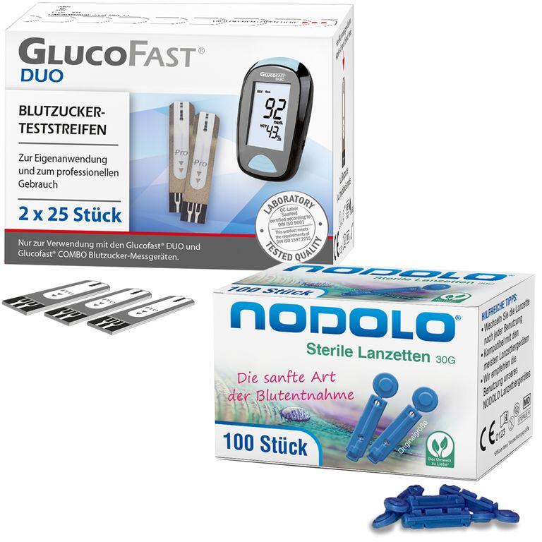 shopapotheke Glucofast Duo Blutzucker-Teststreifen und Nodolo Lanzetten im Kombiset