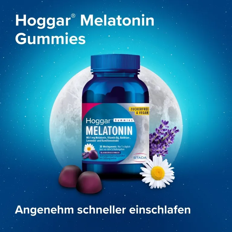 Shopapotheke Hoggar® Melatonin Gummies: Angenehm Schneller Einschlafen. Weichgummis Mit Blaubeergeschmack.1 Mg Melatonin Vitamin B6 Baldrian- Lavendel- Und Kamillenextrakt