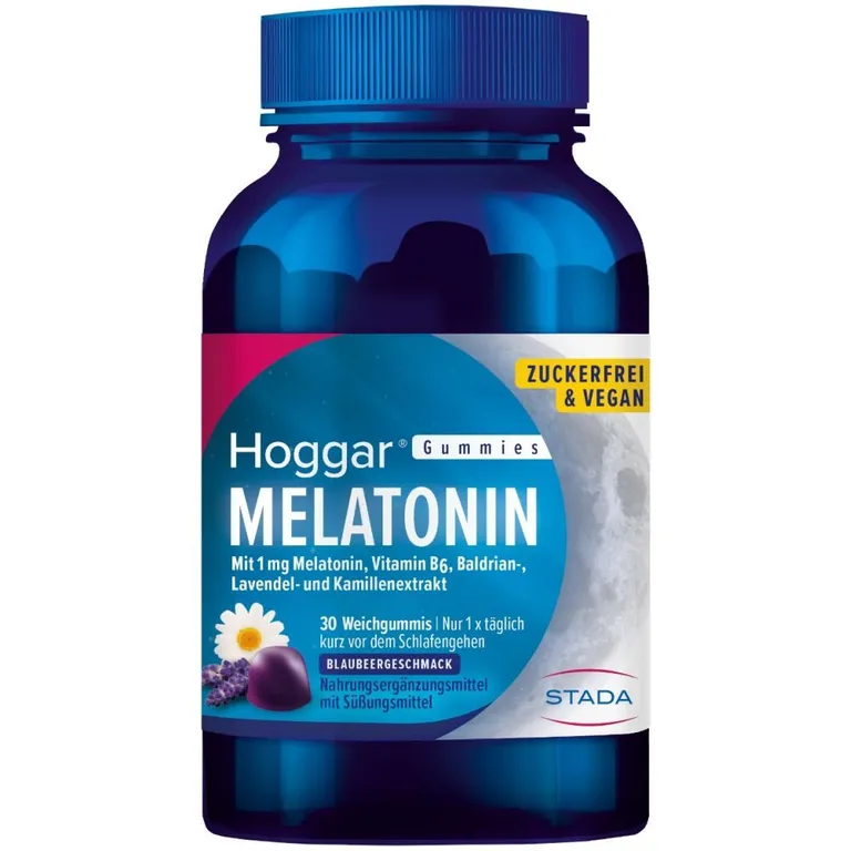 shopapotheke Hoggar® Melatonin Gummies: Angenehm schneller einschlafen. Weichgummis mit Blaubeergeschmack.1 mg Melatonin Vitamin B6 Baldrian- Lavendel- und Kamillenextrakt