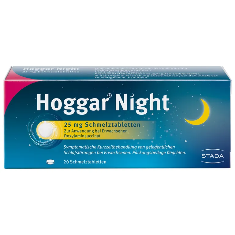shopapotheke Hoggar® Night 25 mg Schmelztabletten zur praktischen Einnahme ohne Wasser bei akuten Ein- und Durchschlafstörungen