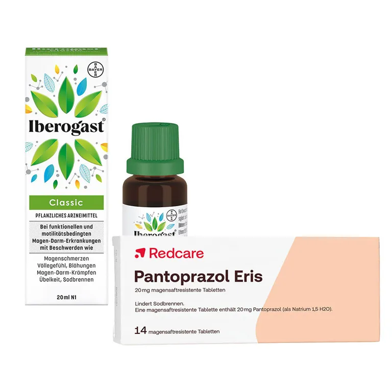 shopapotheke Iberogast® Classic Schnelle Linderung bei akuten Magen-Darm-Beschwerden + Redcare Pantoprazol Eris