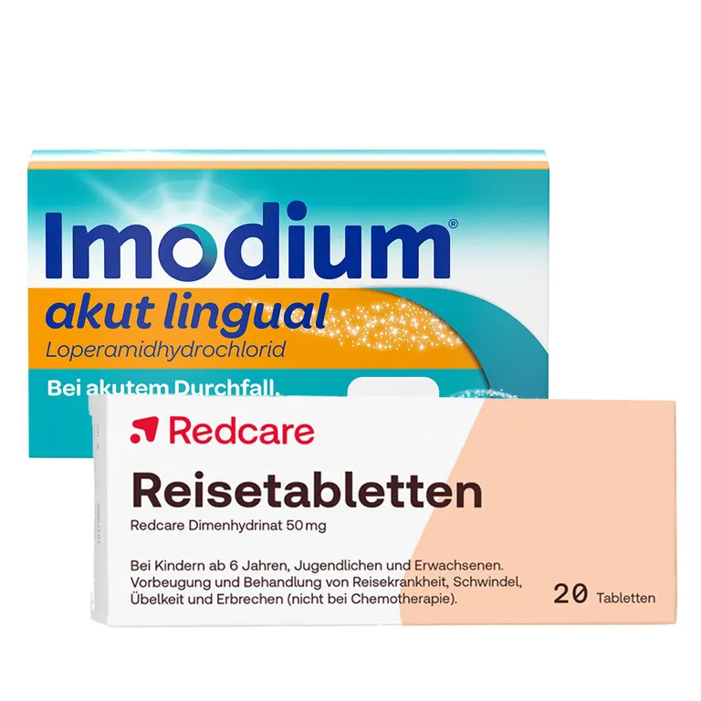 shopapotheke Imodium® akut lingual - bei akutem Durchfall + Redcare Reisetabletten Dimenhydrinat 50 mg