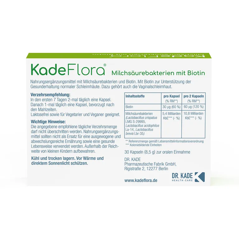 Shopapotheke KadeFlora Milchsäurebakerien Mit Biotin - Zur Täglichen Unterstützung Der Vaginalschleimhaut