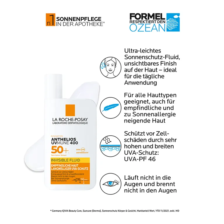 Shopapotheke La Roche Posay Anthelios Invisible Fluid UVMune 400 LSF 50+: Sonnencreme Für Das Gesicht Für Zu Sonnenallergie Neigende Und Empfindliche Haut