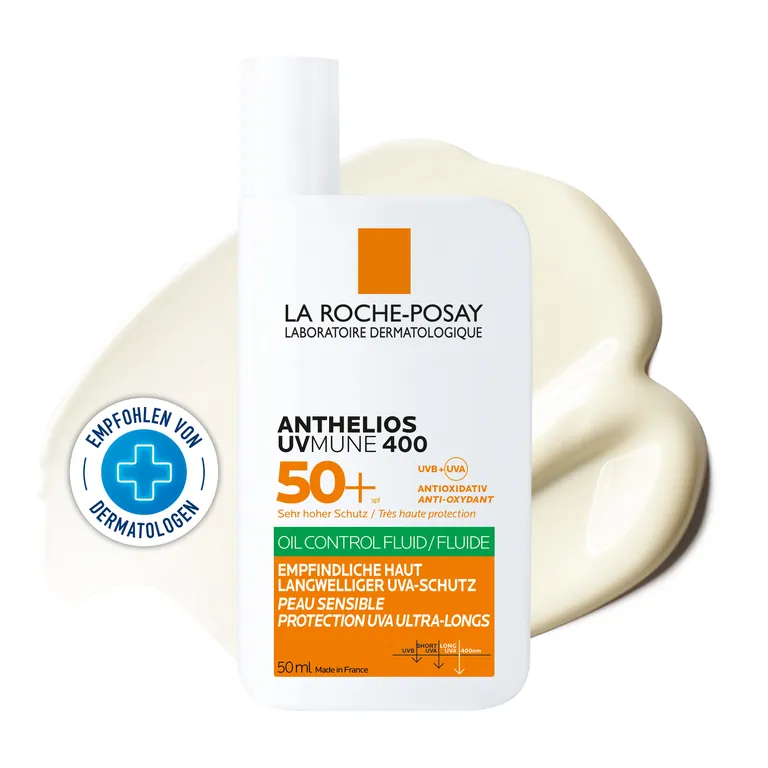 shopapotheke La Roche Posay Anthelios UVMUNE 400 Oil Control Fluid Sonnenschutz für empfindliche Haut mit sehr hohem UV-Schutz LSF 50+. Für ölige Haut geeignet - Jetzt 20% sparen mit Code "dermo20"