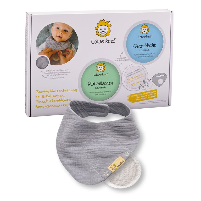 shopapotheke LÖWENKIND Einsteigerbox mit Halstuch "Mini" Grau Gute-Nacht und Rotznäschen