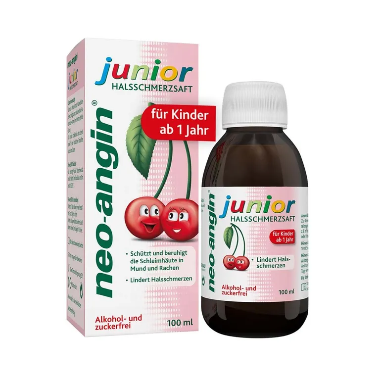 shopapotheke neo-angin junior Halsschmerzsaft mit leckerem Kirschgeschmack für Kinder ab 1 Jahr - zuckerfrei