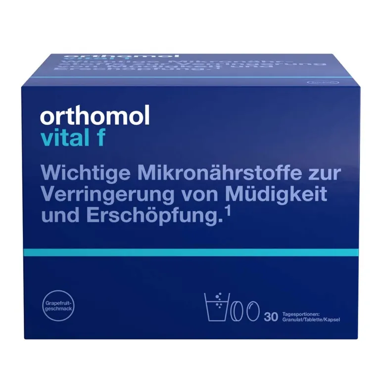 shopapotheke Orthomol Vital f für Frauen - bei Müdigkeit - mit B-Vitaminen Omega-3 Magnesium - Granulat/Tabletten/Kapseln - Grapefruit-Geschmack