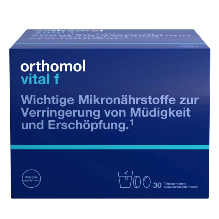 shopapotheke Orthomol Vital f für Frauen - bei Müdigkeit - mit B-Vitaminen Omega-3 und Magnesium - Granulat/Tabletten/Kapseln - Orangen-Geschmack