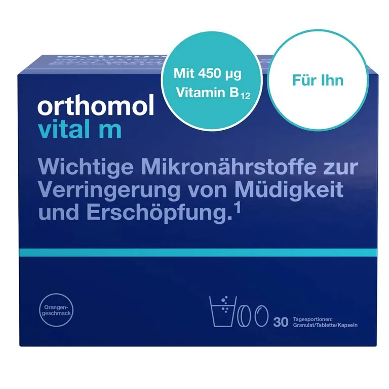 Shopapotheke Orthomol Vital M Für Männer - Bei Müdigkeit - Mit B-Vitaminen Und Omega-3 - Granulat/Tabletten/Kapseln - Orangen-Geschmack