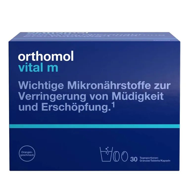 shopapotheke Orthomol Vital m für Männer - bei Müdigkeit - mit B-Vitaminen und Omega-3 - Granulat/Tabletten/Kapseln - Orangen-Geschmack