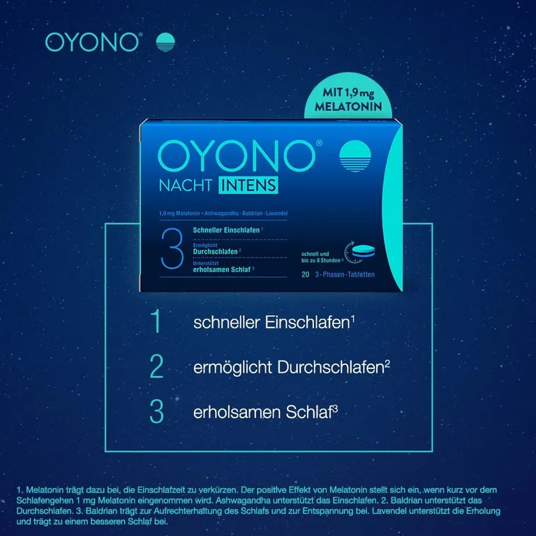 Shopapotheke OYONO® Nacht Intens Mit 1 9mg Melatonin Und Ashwagandha Baldrian Lavendel - Jetzt 10% Mit Dem Code Klosterfrau2025 Sparen*