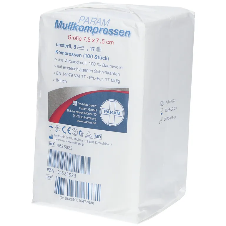 shopapotheke PARAM Mullkompressen 7 5 cm x 7 5 cm unsteril 8-fach