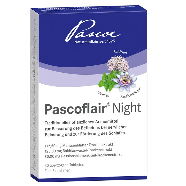 shopapotheke Pascoflair® Night 3-fache Pflanzenkraft aus Baldrian Melisse und Passionsblume für einen erholsamen Schlaf