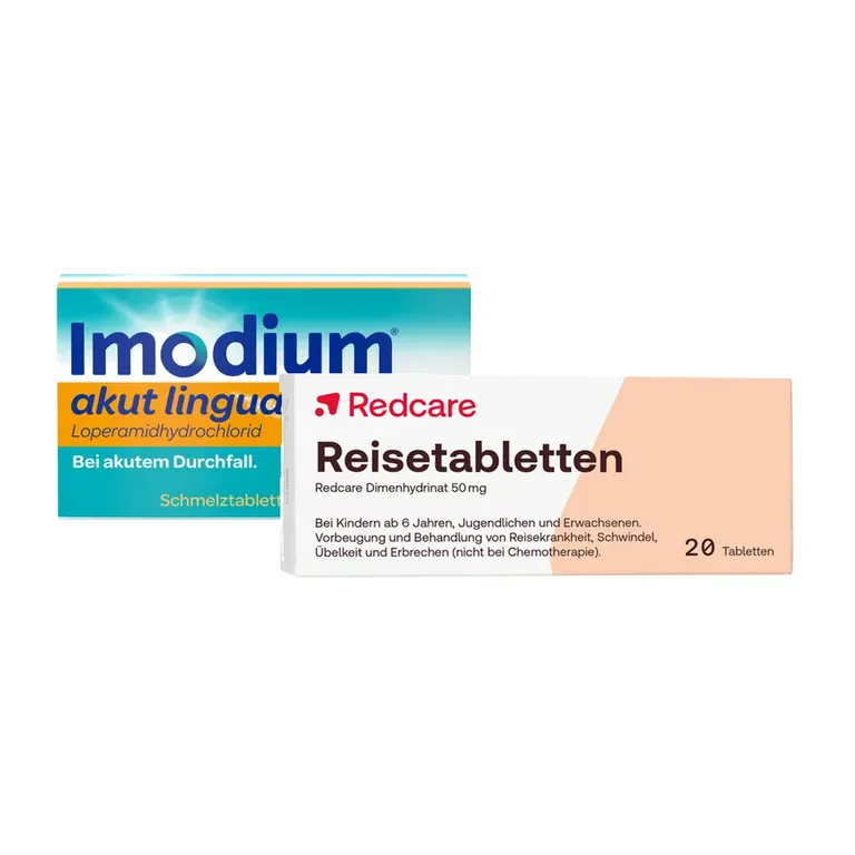 shopapotheke Redcare Reisetabletten mit 50 mg Dimenhydrinat + Imodium® akut lingual - bei akutem Durchfall