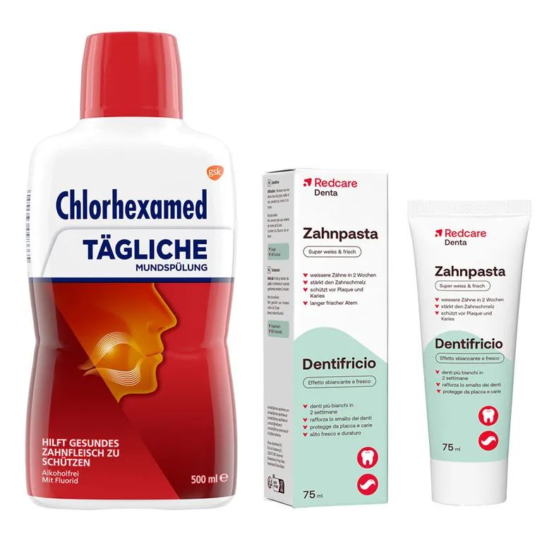 shopapotheke Redcare Zahnpasta + Chlorhexamed Tägliche Mundspülung mit Chlorhexidin (0 06 %)