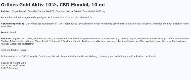 Shopapotheke Aktiv 10% CBD-Mundöl Von Grünes Gold