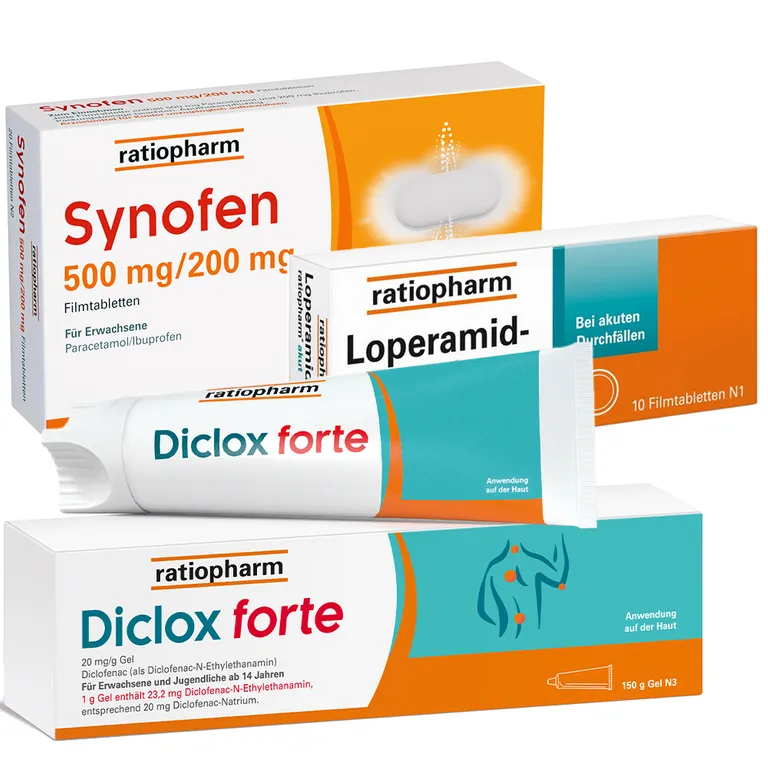 shopapotheke Synofen 500 mg/200 mg + Diclox forte Schmerzgel 2 % + Loperamid-ratiopharm® akut