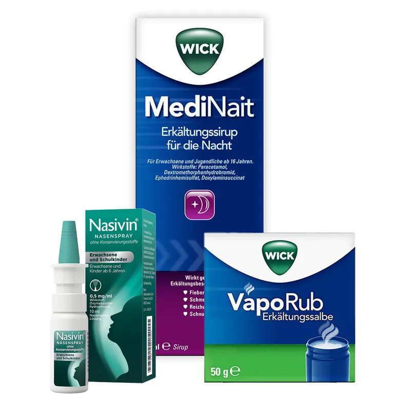 shopapotheke WICK VapoRub Erkältungssalbe + WICK MediNait Erkältungssirup für die Nacht + Nasivin® Nasenspray für Erwachsene und Schulkinder + ein Paar Socken GRATIS
