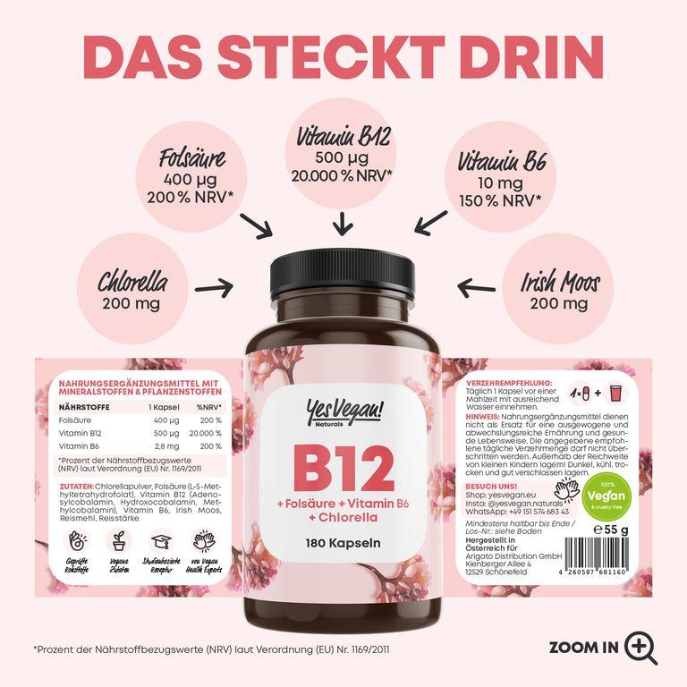 Shopapotheke Yes Vegan® Vitamin B12 Hochdosiert (180 Kapseln) B12 Komplex Mit Folsäure Vitamin B6 I Chlorella