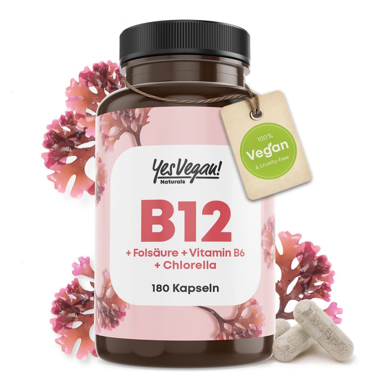 shopapotheke Yes Vegan® Vitamin B12 hochdosiert (180 Kapseln) B12 Komplex mit Folsäure Vitamin B6 I Chlorella