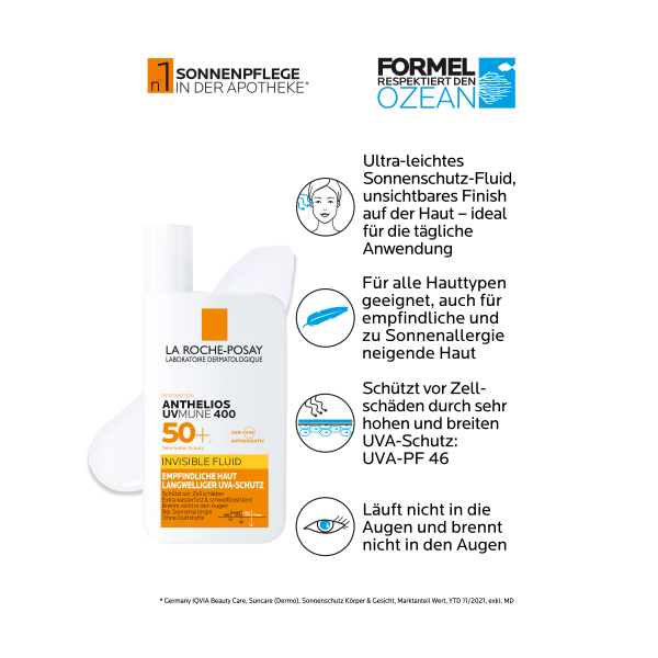 Bodyguardapotheke LA ROCHE-POSAY Anthelios Sonnenschutz Invisible Fluid UVMune400 LSF 50+ Für Alle Hauttypen Geeignet