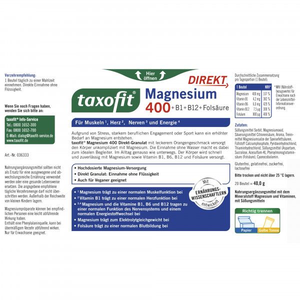 Bodyguardapotheke TAXOFIT Magnesium 400+B1+B6+B12+Folsäure 800 Gran