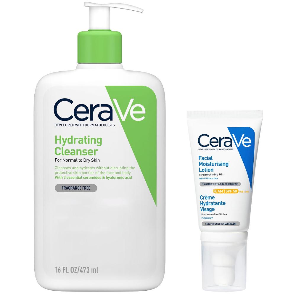 lookfantastic CeraVe Cleanse and Protect Face Routine for Dry Skin Hydrating Cleanser and Facial Moisturiser with SPF 50