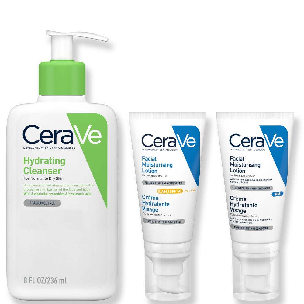 Lookfantastic CeraVe Exclusive Skincare Routine Simplified Set For Face Cleansing & Moisturising With Hyaluronic Acid SPF & Niacinamide