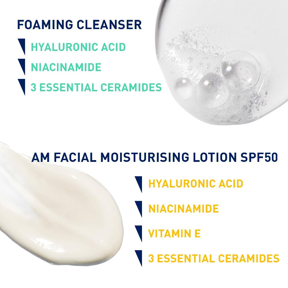 Lookfantastic CeraVe Morning Cleanse And Protect Duo For Oily Skin Cleanser With Niacinamide And Moisturiser With SPF 50 And Hyaluronic Acid