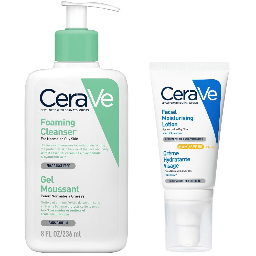 lookfantastic CeraVe Morning Cleanse and Protect Duo for Oily Skin Cleanser with Niacinamide and Moisturiser with SPF 50 and Hyaluronic Acid