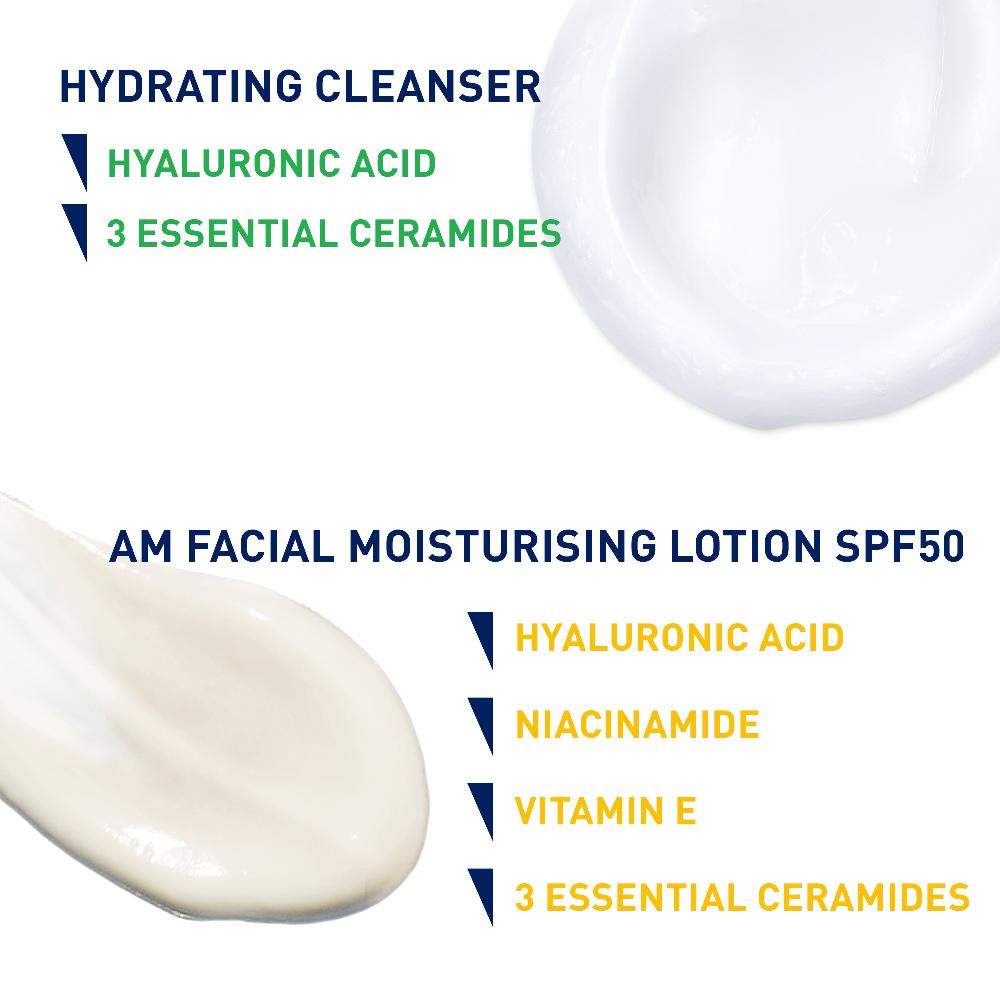 Lookfantastic CeraVe Morning Face Routine For Dry Skin Hydrating Cleanser And Moisturiser With SPF 50