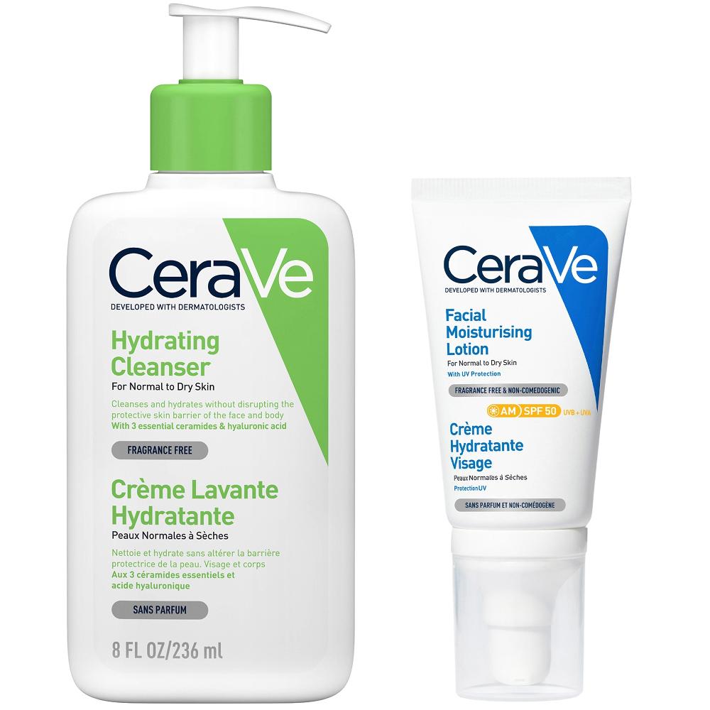 lookfantastic CeraVe Morning Face Routine for Dry Skin Hydrating Cleanser and Moisturiser with SPF 50