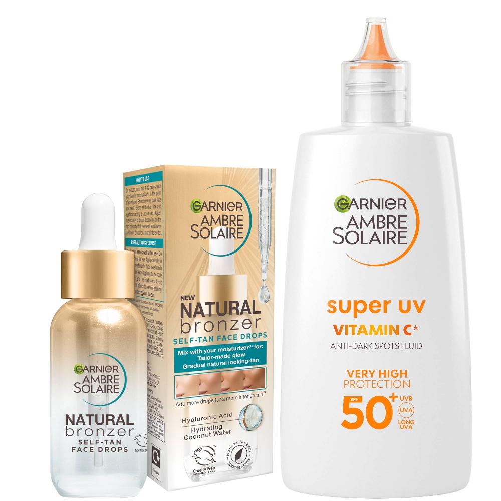lookfantastic Garnier Glow and Protect Duo: Natural Bronzer Self-Tan Drops and Ambre Solaire Vitamin C Facial SPF50+ Fluid