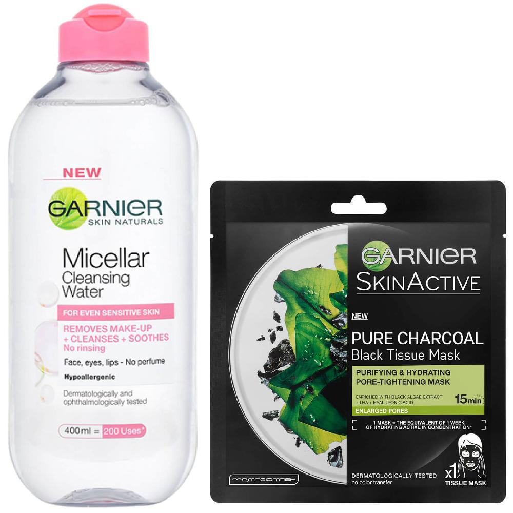lookfantastic Garnier Micellar Water Sensitive Skin and Hydrating Face Sheet Mask for Enlarged Pores Kit Exclusive