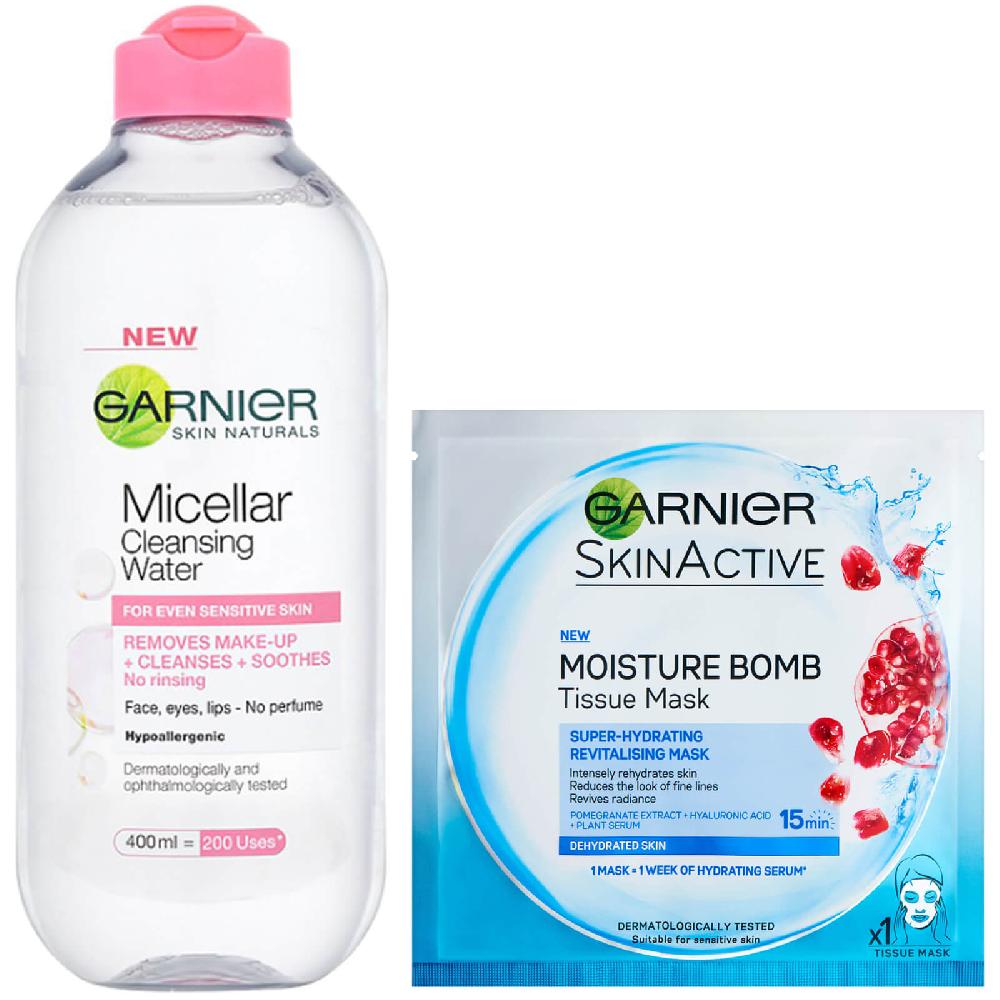 lookfantastic Garnier Micellar Water Sensitive Skin and Hydrating Face Sheet Mask for Dehydrated Skin Kit Exclusive