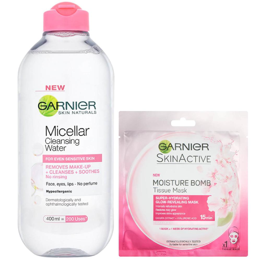 lookfantastic Garnier Micellar Water Sensitive Skin and Hydrating Moisture Bomb Face Sheet Mask Kit Exclusive