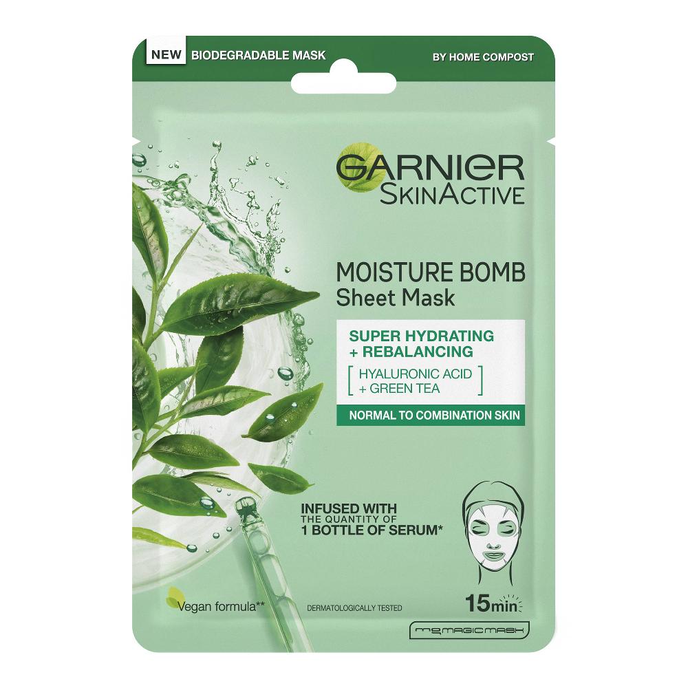 lookfantastic Garnier Moisture Bomb Grüner Tee Feuchtigkeitsspendende Gesichtstuchmaske für Mischhaut 32 g