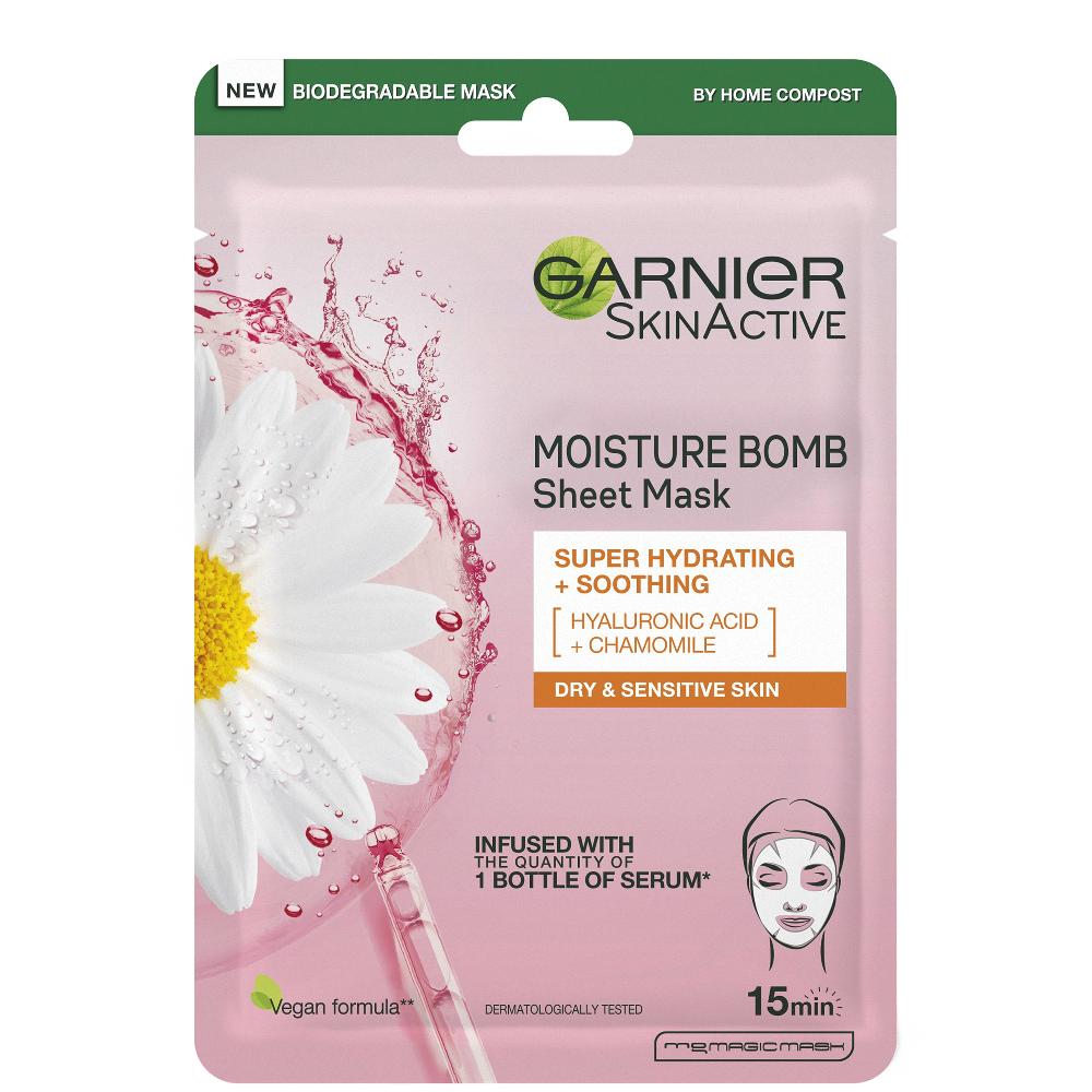 lookfantastic Garnier Moisture Bomb Kamille Feuchtigkeitsspendende Gesichtstuchmaske für Trockene und Empfindliche Haut 28 g