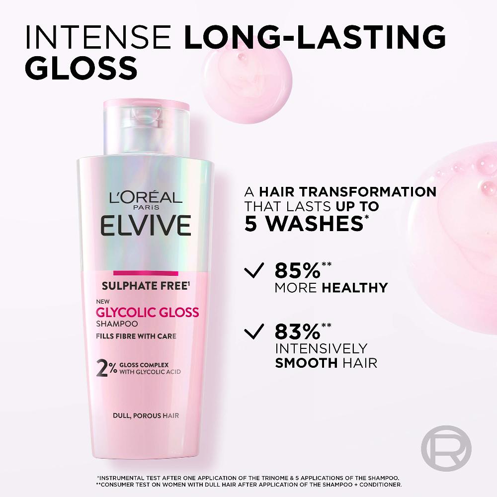 Lookfantastic L'Oréal Paris Elvive Glykol-Glanz-Shampoo Ohne Sulfat Für Stumpfes Haar 200 ml