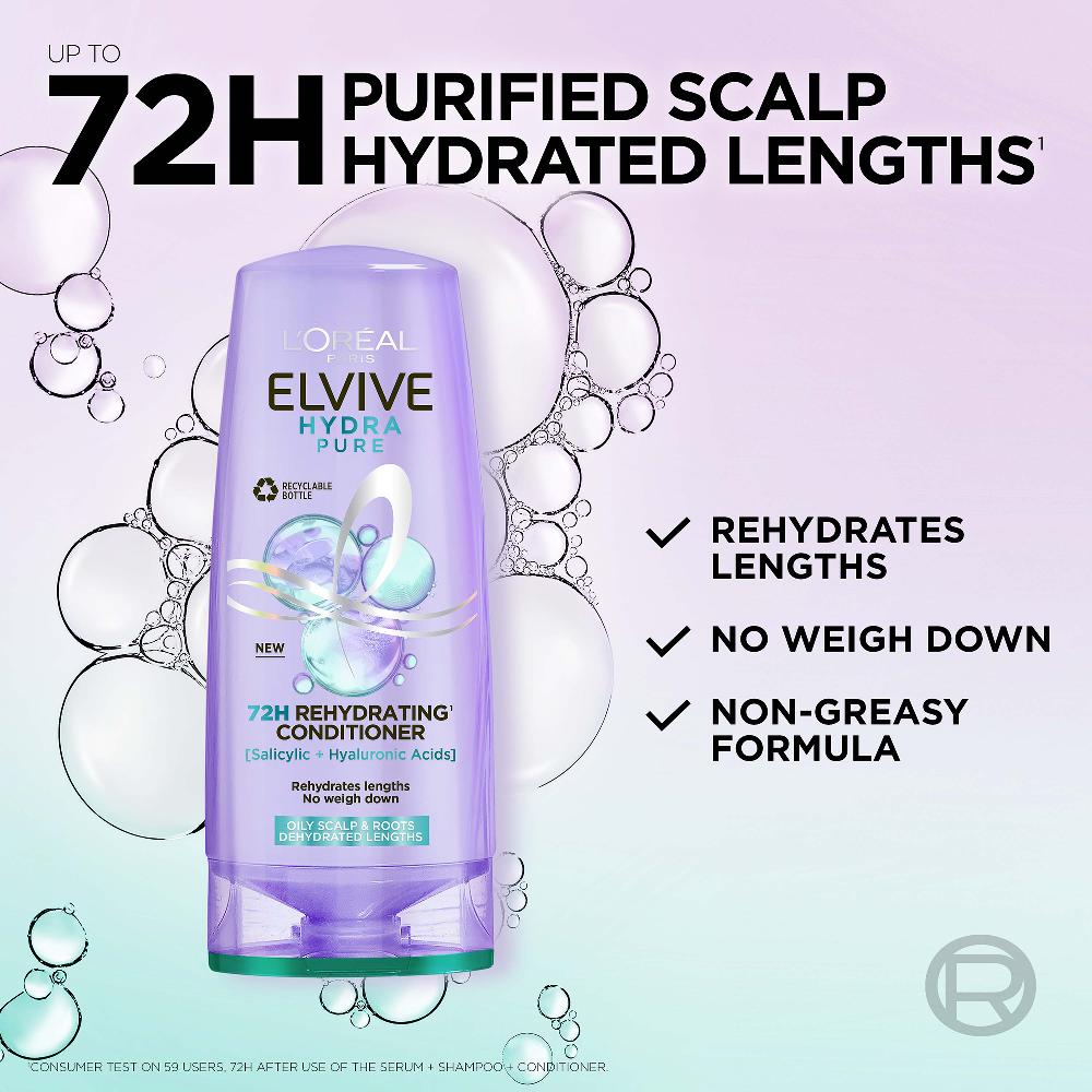 Lookfantastic L'Oréal Paris Elvive Hydra Pure 72-Stunden Feuchtigkeitsspendende Spülung Mit Hyaluron- Und Salicylsäuren 400 ml