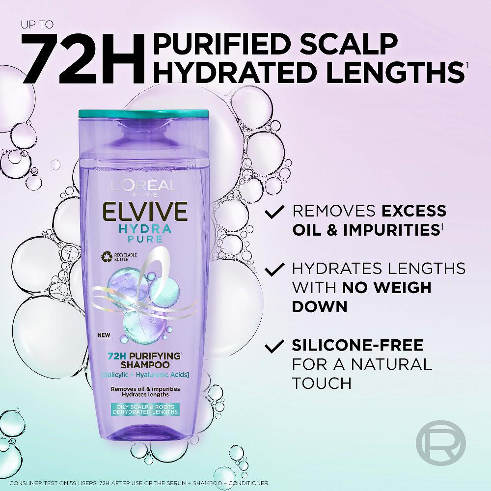 Lookfantastic L'Oréal Paris Elvive Hydra Pure 72-Stunden Klärendes Shampoo Mit Hyaluron- Und Salicylsäuren 500 ml