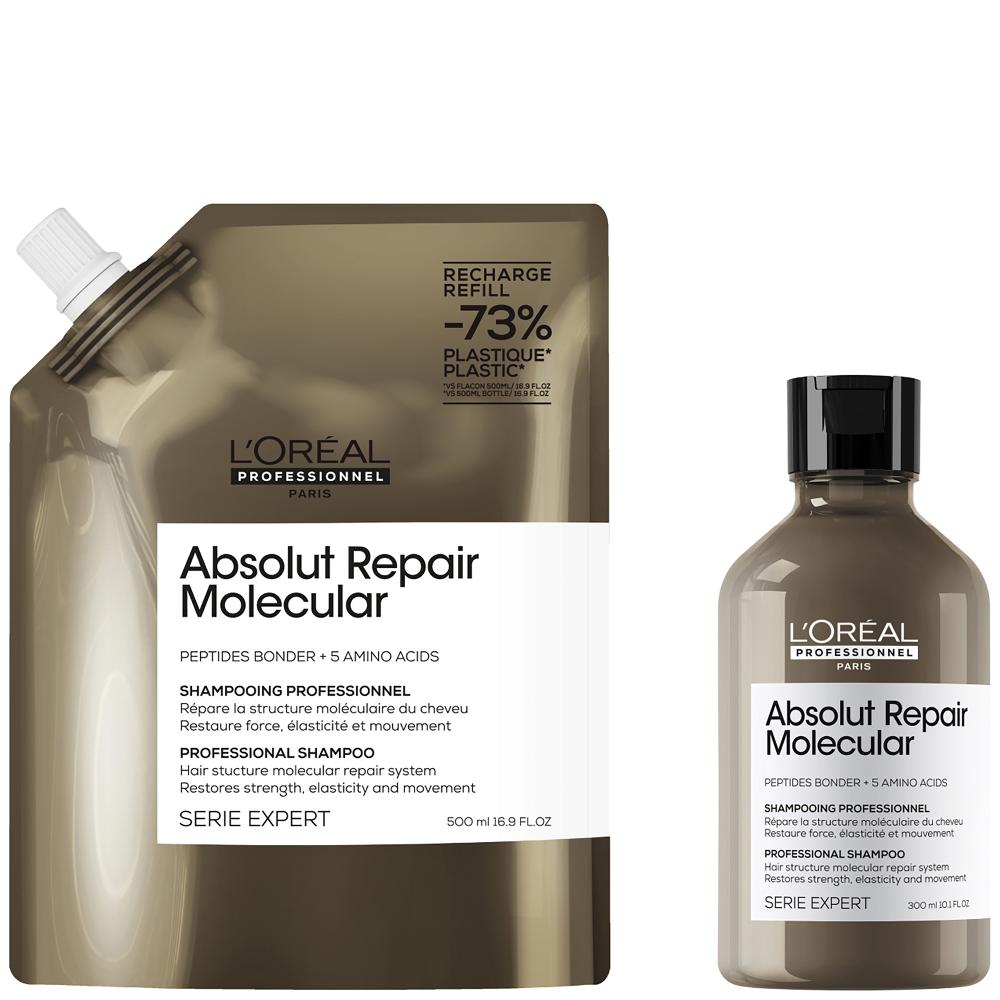 lookfantastic L’Oréal Professionnel Absolut Repair Molecular Shampoo 300ml and Refill Pack 500ml for damaged hair