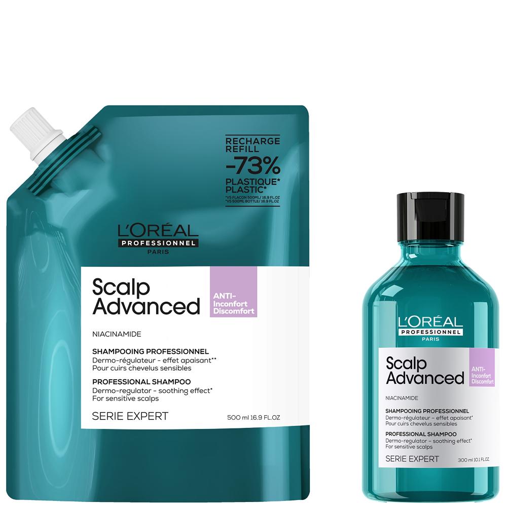 lookfantastic L’Oréal Professionnel Scalp Advanced Anti-Discomfort Shampoo 300ml and Refill Pack 500ml deep scalp treatment