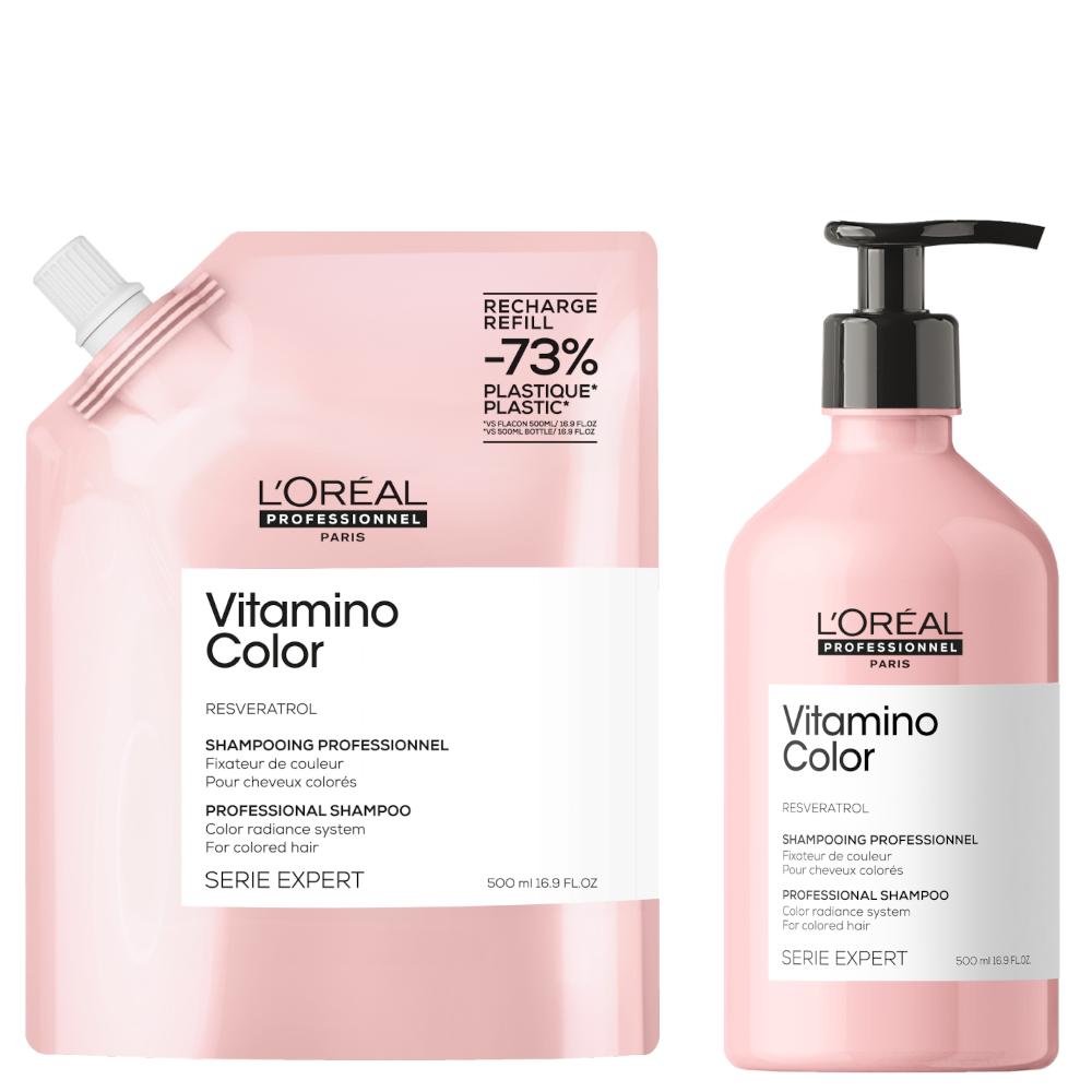 lookfantastic L’Oréal Professionnel Vitamino Color Shampoo 500ml and Refill Pack 500ml for coloured hair