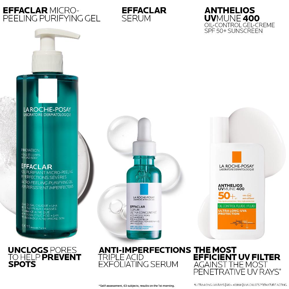 Lookfantastic La Roche-Posay Breakout-Fighting Set- High Strength: Effaclar Micro-Peeling Cleanser Anti Blemish Serum And SPF50+
